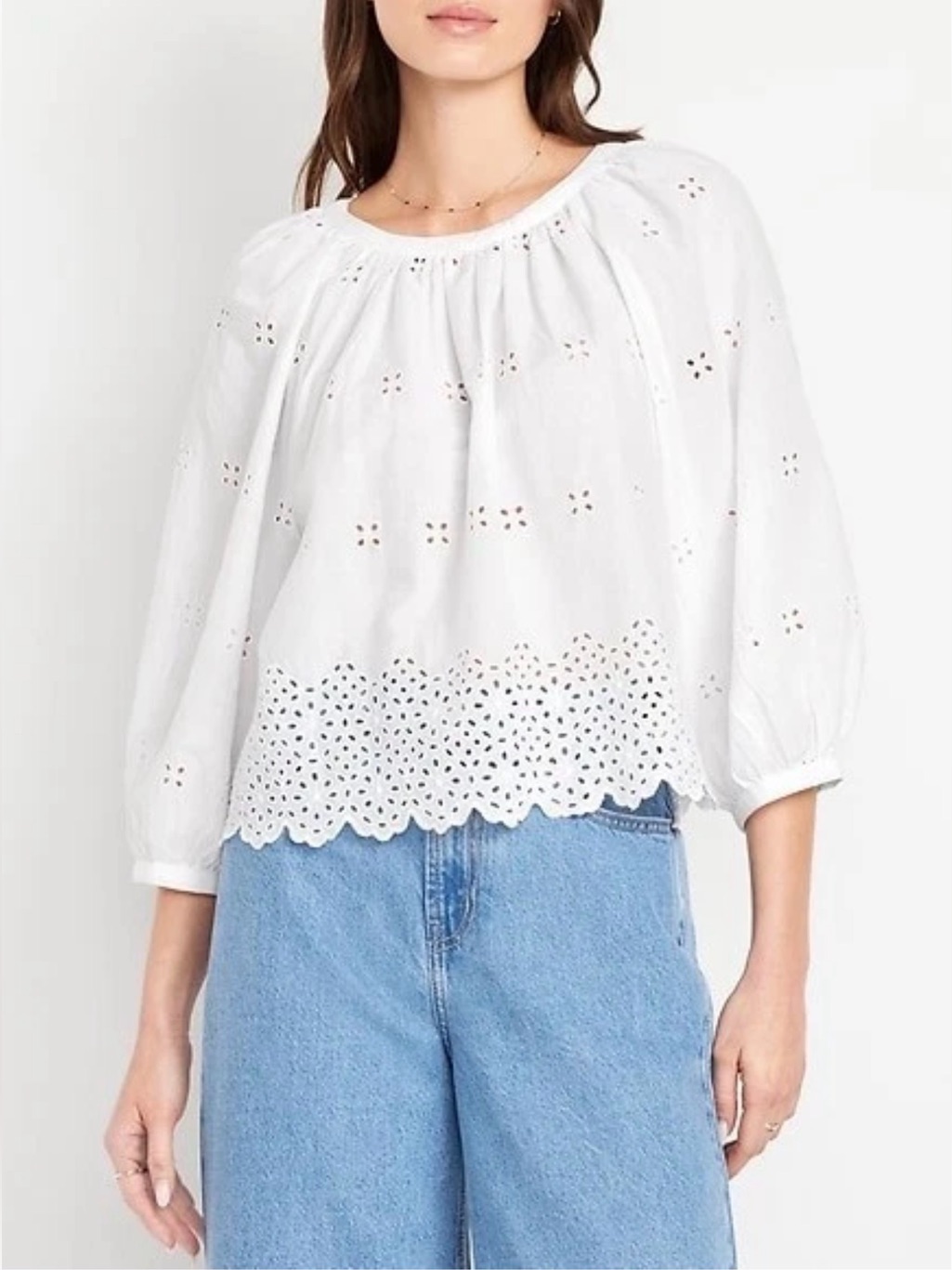 Old Navy White Cropped Perforated Peasant Top